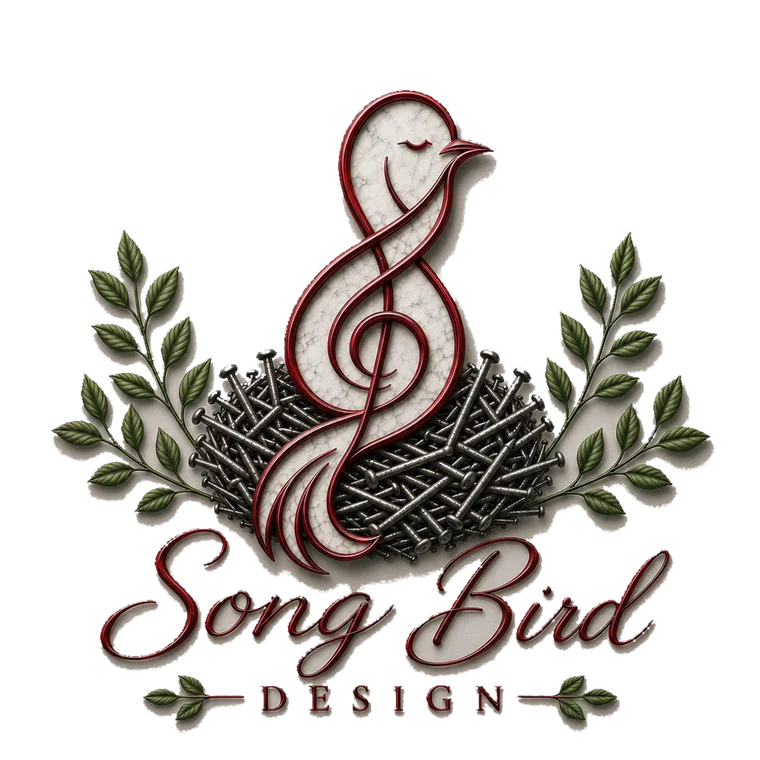 Song Bird Design — a songbird formed from a treble clef, resting in a nest of nails