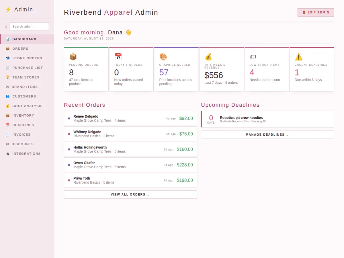 Riverbend Apparel Co. admin dashboard demo