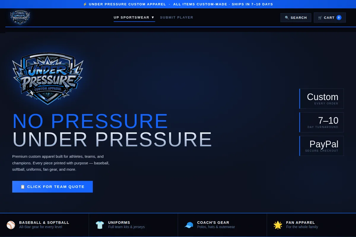 Under Pressure Custom Apparel homepage